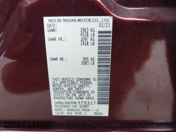 2023 Nissan Altima 2.5 SV with VIN 1N4BL4DV3PN379317, listed as a IAAI auction lot 41845783 with 21,243 mi miles. Bid and sale history available at carsss.com. Image 9.