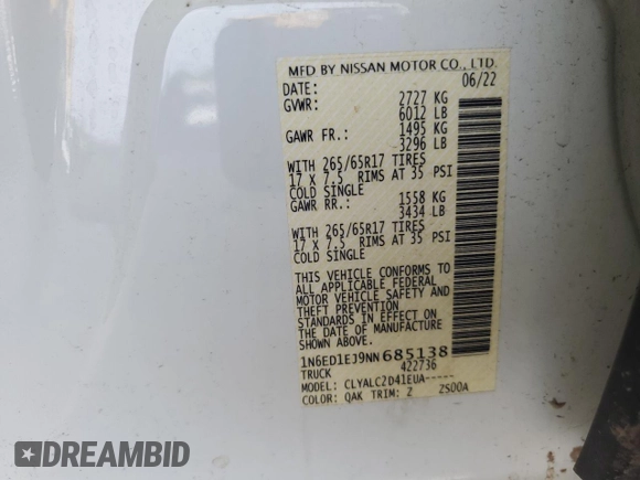 2022 Nissan Frontier SV с VIN 1N6ED1EJ9NN685138, выставлен на аукционе Copart как лот 56945585 с пробегом 55 998 миль миль и Списание • Salvage title. История ставок и продаж доступна на DreamBid. Изображение 12.