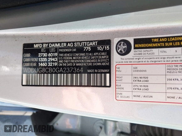 2016 Mercedes-Benz S 550 с VIN WDDUG8CB0GA237364, выставлен на аукционе IAAI как лот 42265337 с пробегом 79 652 миль миль и . История ставок и продаж доступна на DreamBid. Изображение 9.