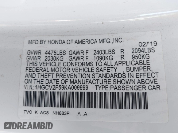 2019 Honda Accord EX-L with VIN 1HGCV2F59KA009999, listed as a IAAI auction lot 41391448 with 95,466 mi miles and . Bid and sale history available at DreamBid. Image 9.