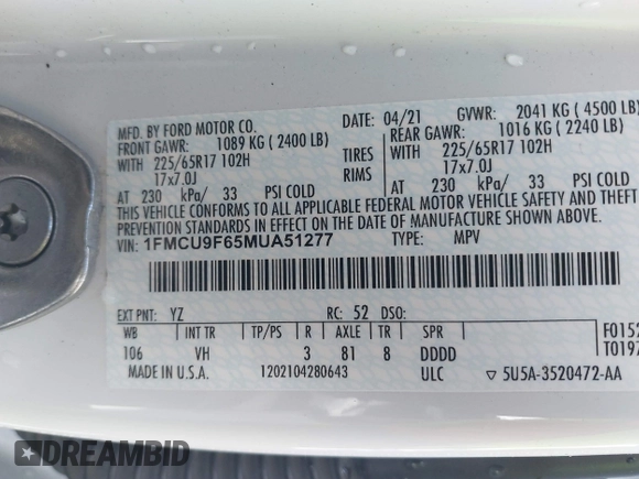 2021 Ford Escape S with VIN 1FMCU9F65MUA51277, listed as a IAAI auction lot 41720566 with 70,169 mi miles and . Bid and sale history available at DreamBid. Image 9.