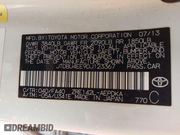 2013 Toyota Corolla L with VIN JTDBU4EE9DJ123367, listed as a IAAI auction lot 41687153 with 49,007 mi miles. Bid and sale history available at carsss.com. Image 9.