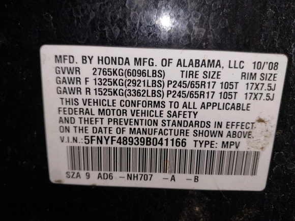 2009 Honda Pilot Touring with VIN 5FNYF48939B041166, listed as a IAAI auction lot 42098397 with 228,305 mi miles and . Bid and sale history available at carsss.com. Image 9.