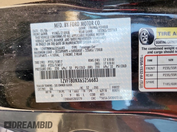2006 Ford Mustang Standard with VIN 1ZVFT80NX65256683, listed as a Copart auction lot 58596755 with 276,268 mi miles and Salvage title. Bid and sale history available at DreamBid. Image 12.