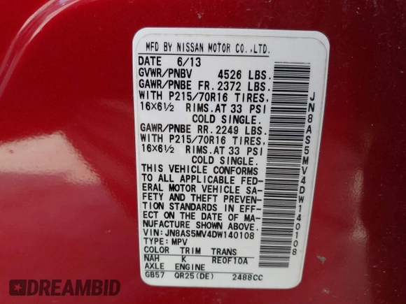 2013 Nissan Rogue S with VIN JN8AS5MV4DW140108, listed as a IAAI auction lot 41755922 with 167,136 mi miles and . Bid and sale history available at DreamBid. Image 9.