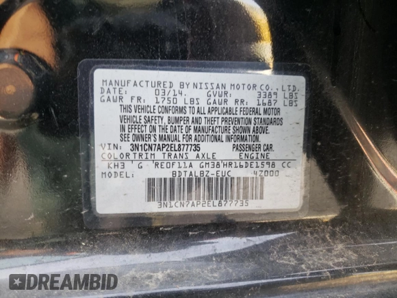 2014 Nissan Versa SV with VIN 3N1CN7AP2EL877735, listed as a Copart auction lot 54451125 with 87,088 mi miles and Clean Title. Bid and sale history available at carsss.com. Image 12.