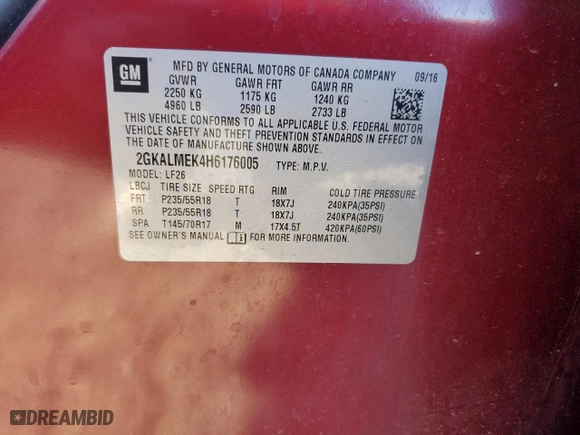 2017 GMC Terrain SLE with VIN 2GKALMEK4H6176005, listed as a Copart auction lot 46892725 with NaN miles and Salvage Title. Bid and sale history available at carsss.com. Image 16.