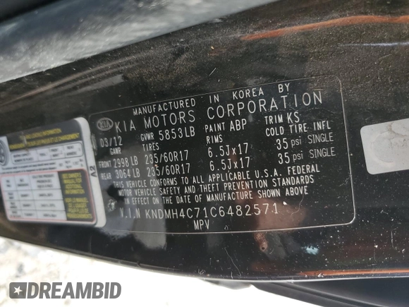 2012 Kia Sedona EX with VIN KNDMH4C71C6482571, listed as a Copart auction lot 43040415 with 111,640 mi miles and Clean Title. Bid and sale history available at carsss.com. Image 13.