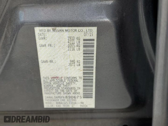 2015 Nissan Altima 2.5 with VIN 1N4AL3AP6FN890675, listed as a Copart auction lot 59228925 with 207,215 mi miles and Salvage title. Bid and sale history available at DreamBid. Image 13.