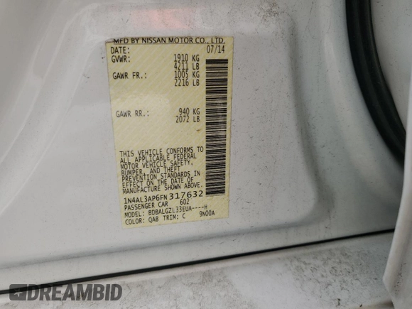 2015 Nissan Altima 2.5 with VIN 1N4AL3AP6FN317632, listed as a Copart auction lot 57136625 with 164,481 mi miles and Salvage title. Bid and sale history available at DreamBid. Image 12.