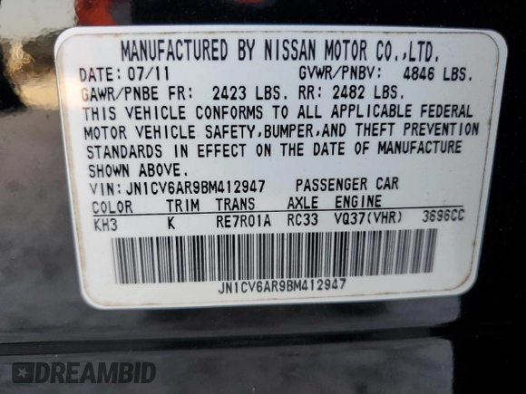 2011 Infiniti G37 x Sport Appearance Edition with VIN JN1CV6AR9BM412947, listed as a Copart auction lot 54158255 with 125,480 mi miles and Salvage Title. Bid and sale history available at DreamBid. Image 12.