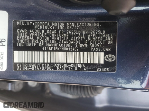 2017 Toyota Camry XLE with VIN 4T1BF1FK1HU812462, listed as a Copart auction lot 54645555 with 98,772 mi miles and Salvage Title. Bid and sale history available at carsss.com. Image 12.