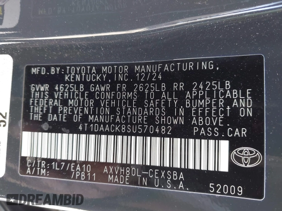 2025 Toyota Camry LE z VIN 4T1DAACK8SU570482, wystawiony jako IAAI lot #42152727 z przebiegiem 4 625 mil mil oraz . Historia ofert i sprzedaży dostępna na DreamBid. Obrazek 9.