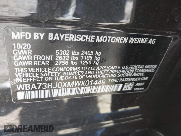 2021 BMW 5 Series 540i xDrive with VIN WBA73BJ0XMWX01449, listed as a IAAI auction lot 41630703 with 65,212 mi miles and . Bid and sale history available at DreamBid. Image 9.