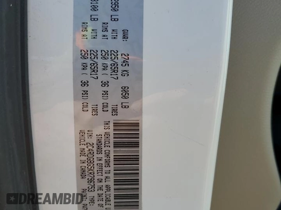 2019 Dodge Grand Caravan SE with VIN 2C4RDGBG5KR796753, listed as a Copart auction lot 49871815 with 97,983 mi miles and Salvage Title. Bid and sale history available at DreamBid. Image 14.