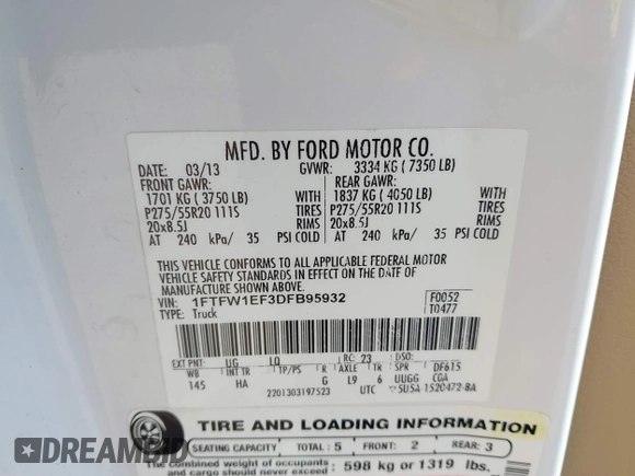 2013 Ford F-150 XL with VIN 1FTFW1EF3DFB95932, listed as a IAAI auction lot 41738457 with 226,054 mi miles. Bid and sale history available at carsss.com. Image 9.
