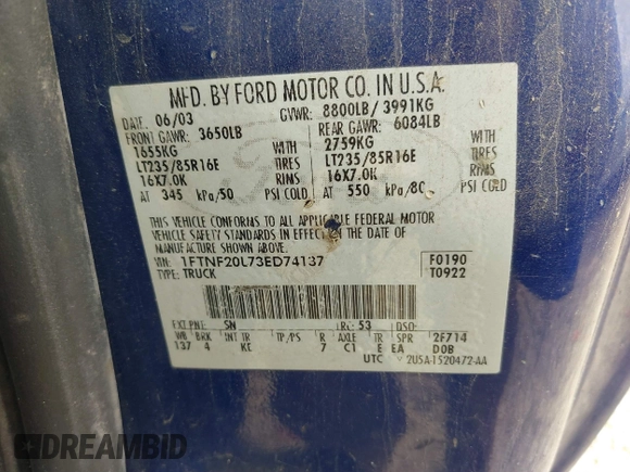 2003 Ford F-250 XL with VIN 1FTNF20L73ED74137, listed as a IAAI auction lot 40730833 with 393,919 mi miles and . Bid and sale history available at DreamBid. Image 9.
