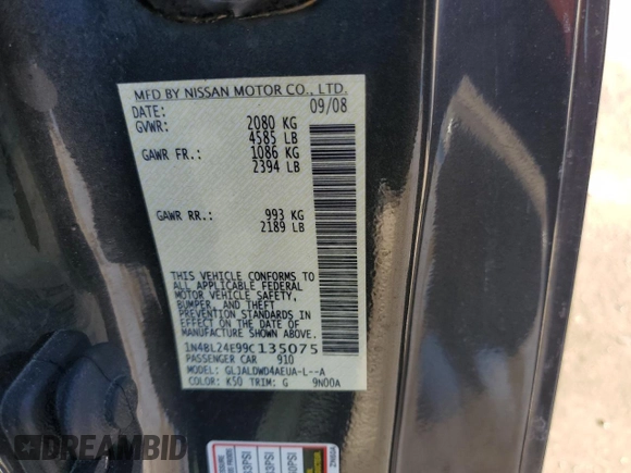 2009 Nissan Altima 3.5 SE with VIN 1N4BL24E99C135075, listed as a Copart auction lot 46709135 with 257,810 mi miles and Salvage Title. Bid and sale history available at carsss.com. Image 14.