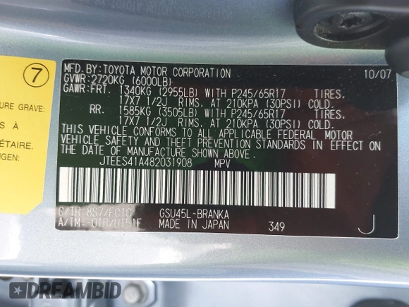 2008 Toyota Highlander with VIN JTEES41A482031908, listed as a IAAI auction lot 42407457 with 74,580 mi miles and . Bid and sale history available at DreamBid. Image 9.