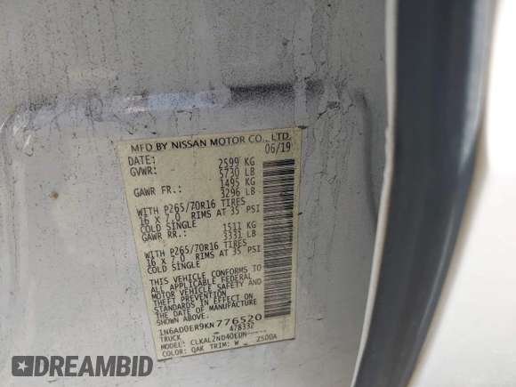 2019 Nissan Frontier SV z VIN 1N6AD0ER9KN776520, wystawiony jako IAAI lot #41922406 z przebiegiem 135 498 mil mil oraz . Historia ofert i sprzedaży dostępna na DreamBid. Obrazek 9.