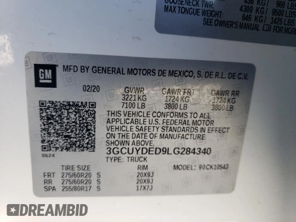 2020 Chevrolet Silverado 1500 LT with VIN 3GCUYDED9LG284340, listed as a Copart auction lot 47030715 with 68,990 mi miles and Salvage Title. Bid and sale history available at DreamBid. Image 14.