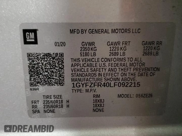 2020 Cadillac XT4 AWD Sport with VIN 1GYFZFR40LF092215, listed as a Copart auction lot 44363945 with 100,675 mi miles and Salvage title. Bid and sale history available at DreamBid. Image 14.