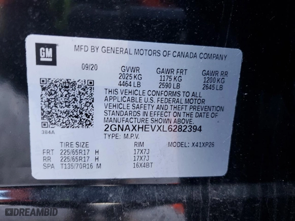 2020 Chevrolet Equinox LS with VIN 2GNAXHEVXL6282394, listed as a Copart auction lot 47386815 with 61,954 mi miles and Salvage Title. Bid and sale history available at carsss.com. Image 13.
