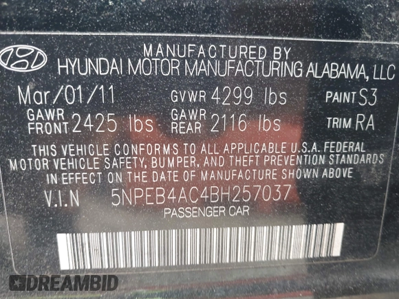2011 Hyundai Sonata GLS with VIN 5NPEB4AC4BH257037, listed as a IAAI auction lot 42113521 with 250,929 mi miles and . Bid and sale history available at carsss.com. Image 9.