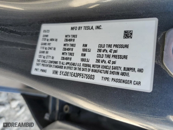 2023 Tesla Model 3 with VIN 5YJ3E1EA3PF575503, listed as a Copart auction lot 49909295 with 33,386 mi miles and Salvage Title. Bid and sale history available at carsss.com. Image 13.