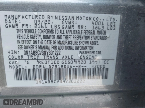 2022 Nissan Sentra SV with VIN 3N1AB8CV3NY301222, listed as a IAAI auction lot 39849053 with 15,695 mi miles. Bid and sale history available at carsss.com. Image 9.