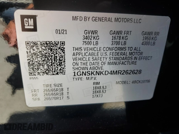 2021 Chevrolet Tahoe LT with VIN 1GNSKNKD4MR262628, listed as a Copart auction lot 54875235 with 90,533 mi miles and Salvage title. Bid and sale history available at DreamBid. Image 14.