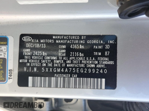 2014 Kia Optima LX with VIN 5XXGM4A75EG299240, listed as a Copart auction lot 52168545 with 140,196 mi miles and Salvage Title. Bid and sale history available at carsss.com. Image 12.