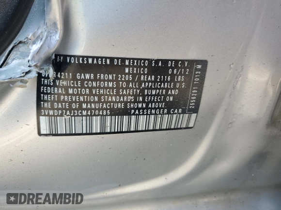 2012 Volkswagen Jetta SE with VIN 3VWDP7AJ3CM470485, listed as a Copart auction lot 59732365 with 183,882 mi miles and Salvage title. Bid and sale history available at DreamBid. Image 12.