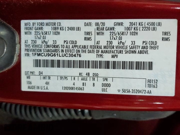2020 Ford Escape SE z VIN 1FMCU9G61LUC30476, wystawiony jako Copart lot #45044505 z przebiegiem 37 463 mil mil oraz Nie do naprawy. Historia ofert i sprzedaży dostępna na DreamBid. Obrazek 13.