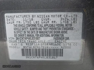2019 Nissan Versa Sedan SV with VIN 3N1CN7AP4KL831867, listed as a IAAI auction lot 41807271 with 125,421 mi miles. Bid and sale history available at carsss.com. Image 9.