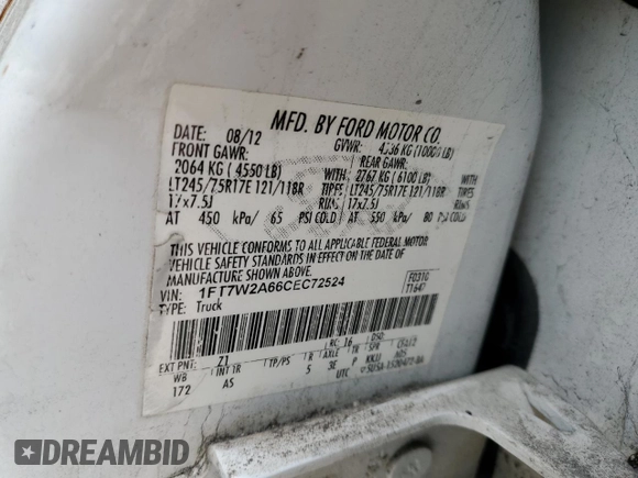 2012 Ford F-250 XL with VIN 1FT7W2A66CEC72524, listed as a Copart auction lot 84899864 with 155,063 mi miles and Salvage title. Bid and sale history available at DreamBid. Image 12.