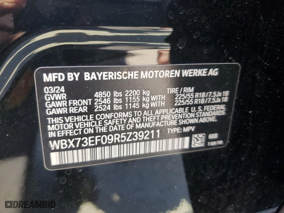 2024 BMW X1 xDrive28i with VIN WBX73EF09R5Z39211, listed as a Copart auction lot 52126935 with 4,581 mi miles and Salvage Title. Bid and sale history available at carsss.com. Image 13.