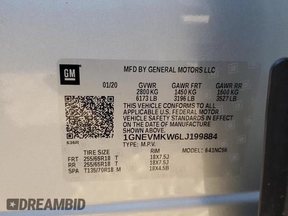2020 Chevrolet Traverse LT Cloth with VIN 1GNEVMKW6LJ199884, listed as a Copart auction lot 44105835 with 74,651 mi miles and Salvage Title. Bid and sale history available at DreamBid. Image 13.