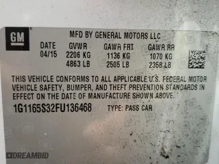 2015 Chevrolet Impala LTZ with VIN 1G1165S32FU136468, listed as a Copart auction lot 85022654 with 137,987 mi miles and Salvage Title. Bid and sale history available at carsss.com. Image 13.