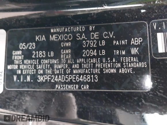 2023 Kia Forte LXS z VIN 3KPF24AD5PE646813, wystawiony jako IAAI lot #41494292 z przebiegiem 29 003 mil mil oraz . Historia ofert i sprzedaży dostępna na DreamBid. Obrazek 9.