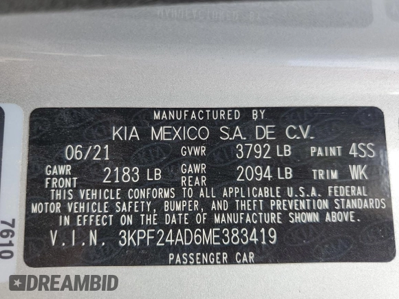 2021 Kia Forte LXS с VIN 3KPF24AD6ME383419, выставлен на аукционе Copart как лот 59210725 с пробегом Не указан миль и Списание • Salvage title. История ставок и продаж доступна на DreamBid. Изображение 13.