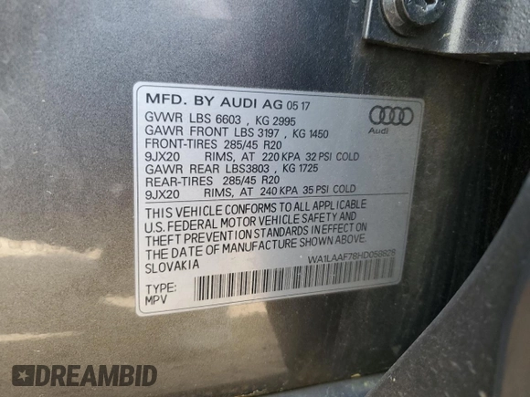 2017 Audi Q7 Premium Plus with VIN WA1LAAF78HD058828, listed as a Copart auction lot 51485055 with 104,920 mi miles and Salvage Title. Bid and sale history available at DreamBid. Image 14.