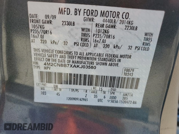 2010 Mercury Mariner with VIN 4M2CN8B7XAKJ03580, listed as a Copart auction lot 57269525 with 265,789 mi miles and Salvage title. Bid and sale history available at DreamBid. Image 13.