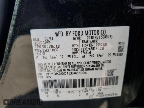 2014 Ford Edge SE with VIN 2FMDK3GC1EBA85994, listed as a Copart auction lot 61485185 with 97,744 mi miles and Salvage title. Bid and sale history available at DreamBid. Image 14.