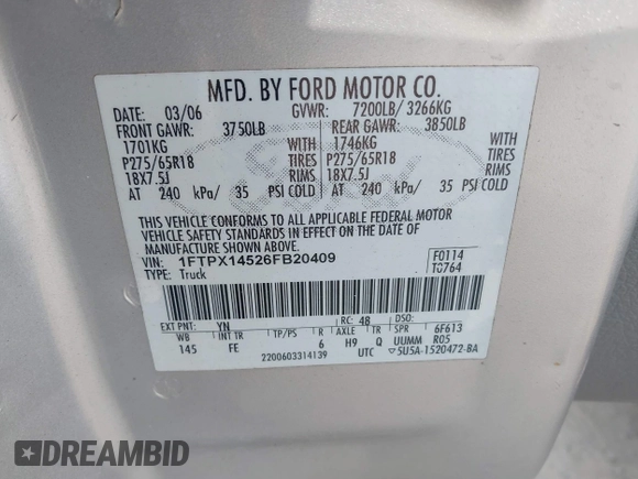2006 Ford F-150 XLT with VIN 1FTPX14526FB20409, listed as a IAAI auction lot 42480639 with 226,927 mi miles and . Bid and sale history available at DreamBid. Image 9.