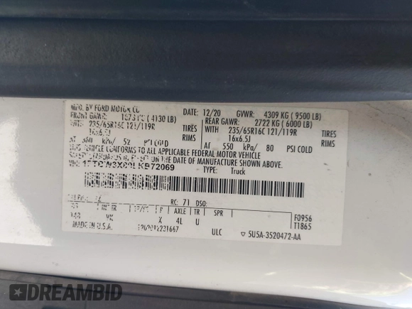 2020 Ford Transit Cargo z VIN 1FTBW3X89LKB72069, wystawiony jako IAAI lot #42623407 z przebiegiem 454 279 mil mil oraz . Historia ofert i sprzedaży dostępna na DreamBid. Obrazek 9.