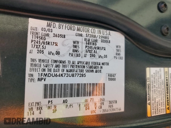 2003 Ford Explorer Eddie Bauer с VIN 1FMDU64K73UB77285, выставлен на аукционе Copart как лот 73601294 с пробегом Не указан миль и Списание • Salvage title. История ставок и продаж доступна на DreamBid. Изображение 13.