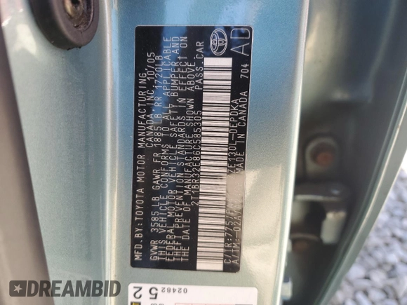2006 Toyota Corolla CE with VIN 2T1BR32E86C585305, listed as a Copart auction lot 55988215 with 175,564 mi miles and Salvage title. Bid and sale history available at DreamBid. Image 12.