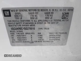 2016 Chevrolet Silverado 1500 LT with VIN 3GCUKREC1GG278916, listed as a IAAI auction lot 41799147 with 123,217 mi miles and . Bid and sale history available at DreamBid. Image 9.