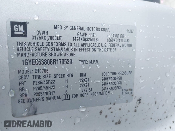 2008 Cadillac Escalade with VIN 1GYEC63808R179529, listed as a IAAI auction lot 41217012 with 244,299 mi miles. Bid and sale history available at carsss.com. Image 9.
